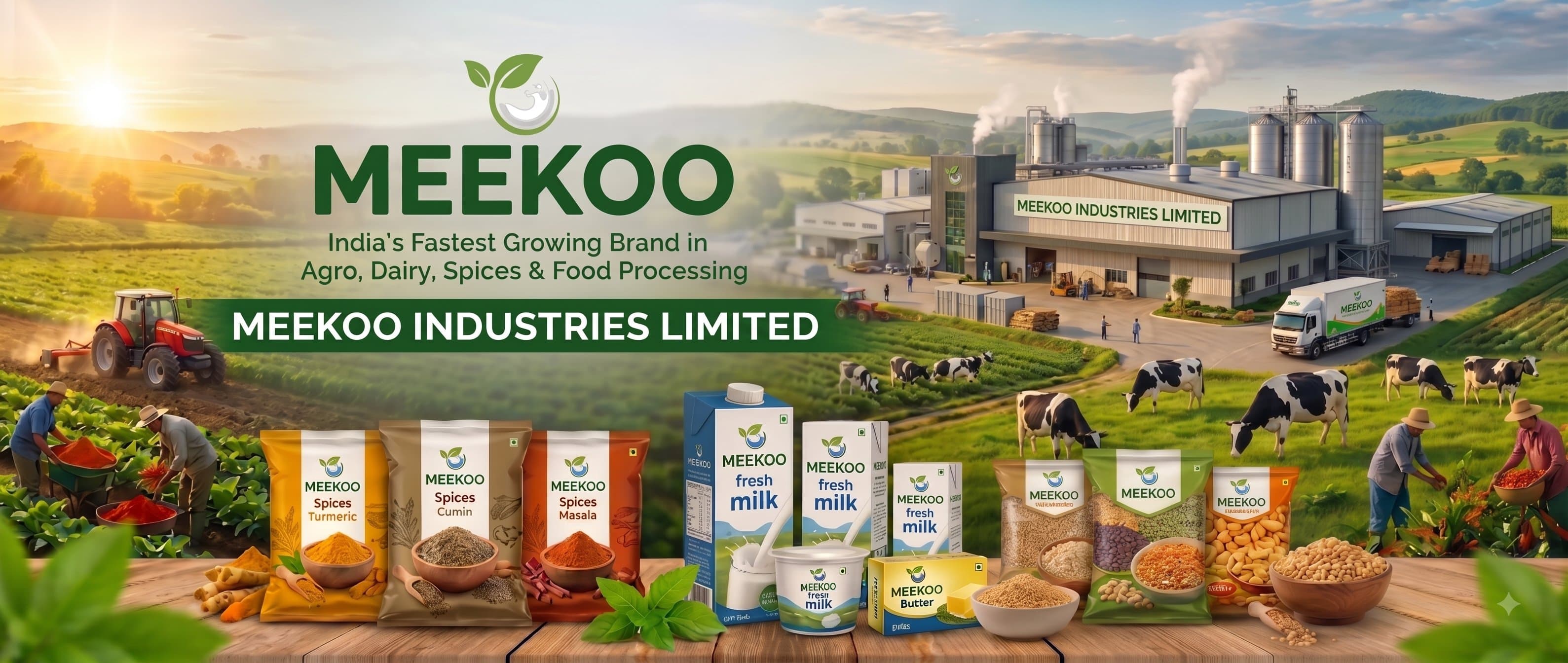 Meekoo Industries — India's fastest growing brand in agro, dairy, spices and food processing: farms, factory and product range